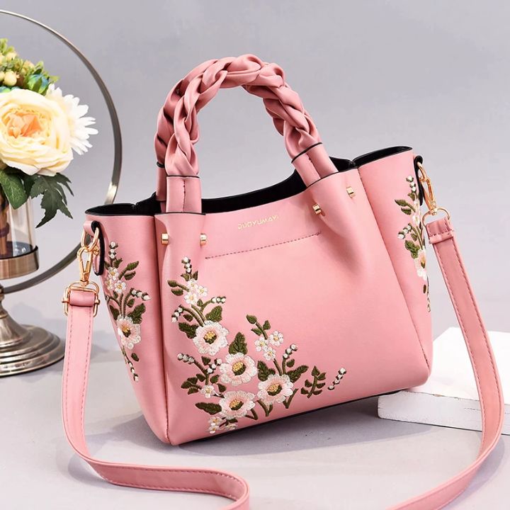 Weave handle Women Floral PU Leather Small Hand bags Casual Brand Fashion Designer Ladies Bag Shoulder Q90